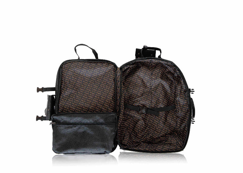 TK carry-on luggage and sleek backpack displayed open with several compartments and room for TK's travel Kot