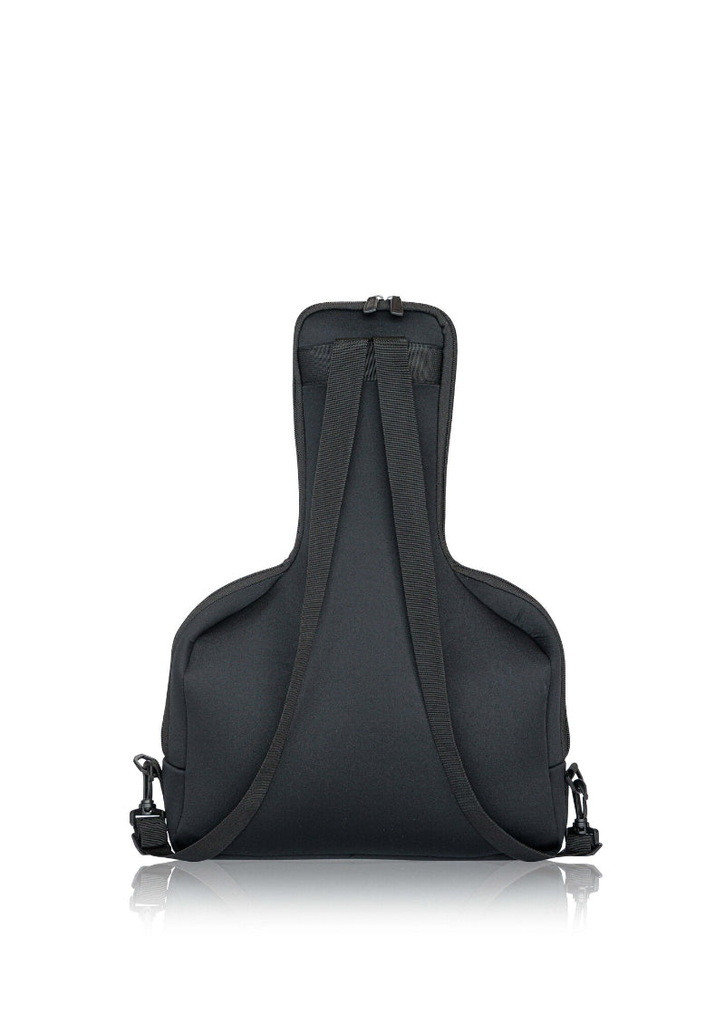 The back of the black travel cot carrier