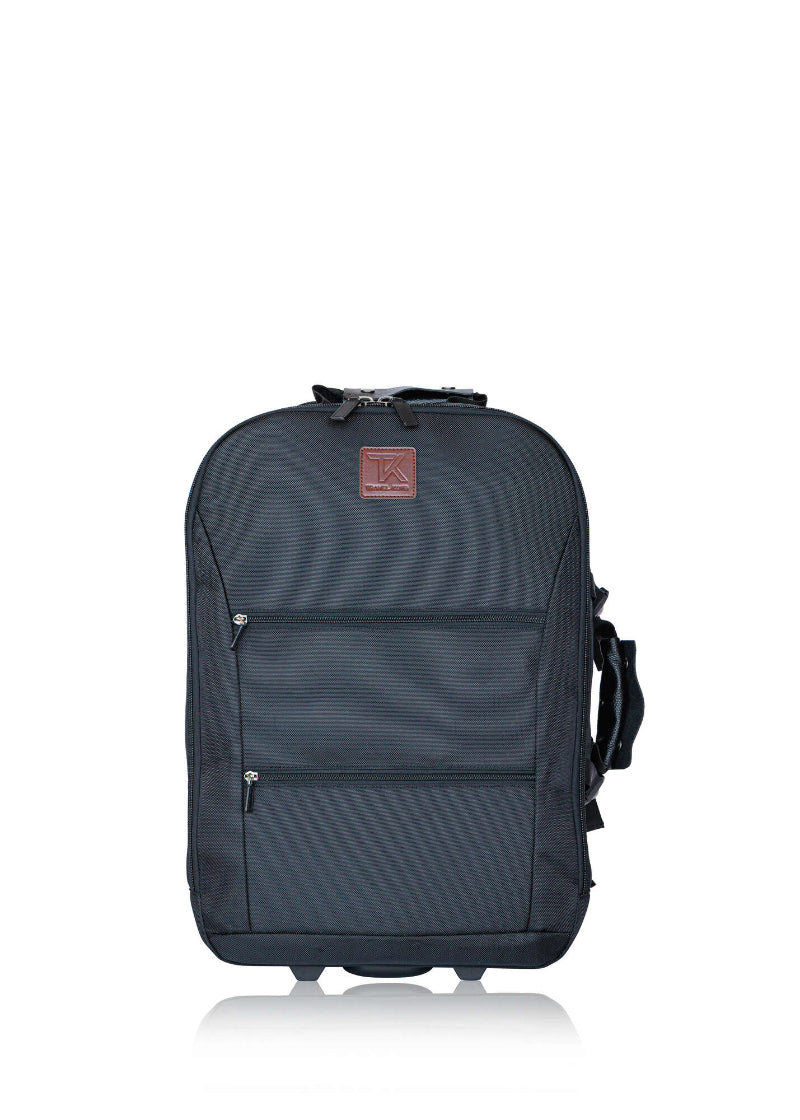 sleek black carry-on luggage with handle down and multiple practical compartments  for travel  