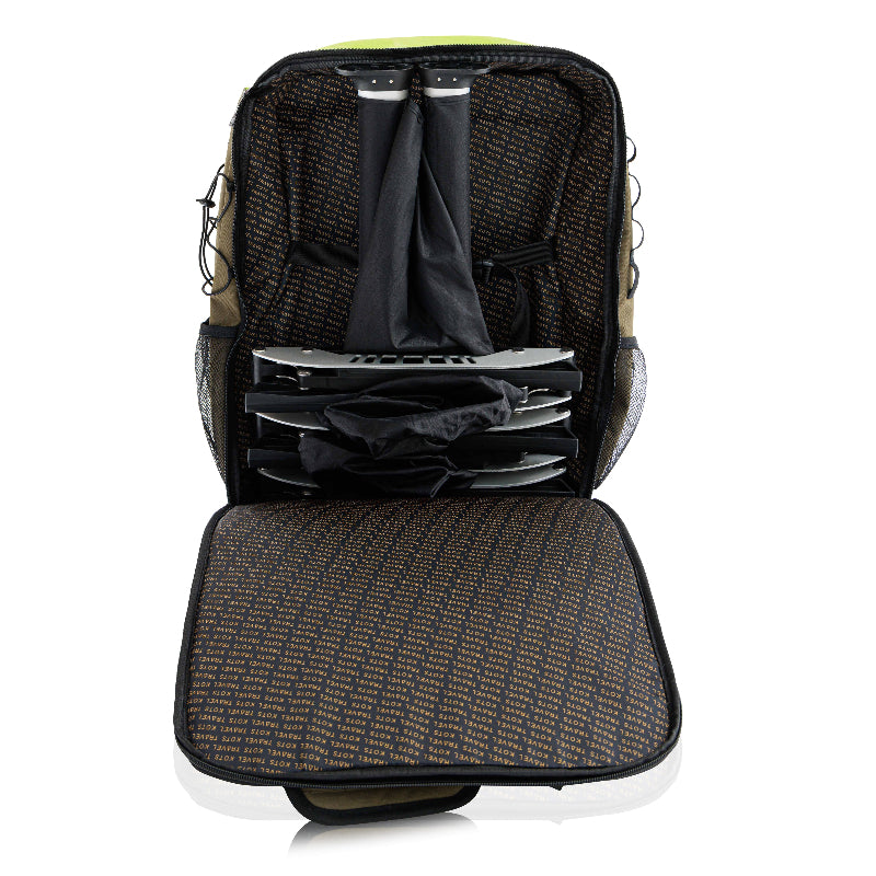 A hiking backpack bundle consisting of a black backpack with silver accents and a beige Travel Kot branded compartment.